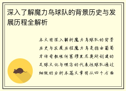 深入了解魔力鸟球队的背景历史与发展历程全解析